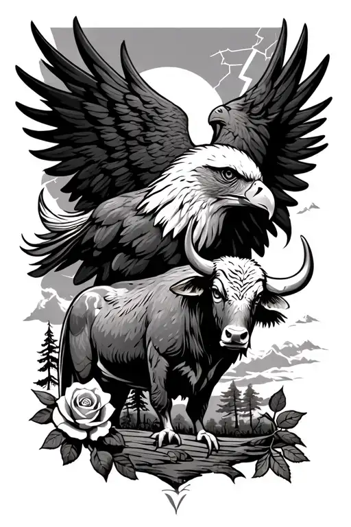 An eagle with an ox with a rose and trees and lightning  tattoo design idea