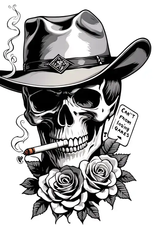 cowboy skull smoking cigarette with burnt cards and roses with saying can't win from losing playing these games tattoo design idea