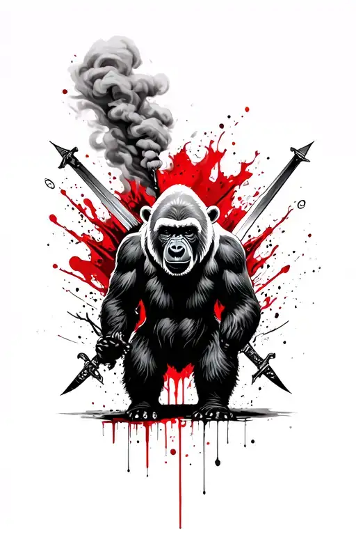 polar bear and gorilla, with swords, smoke and the top and bottom having thick black borders tattoo design idea