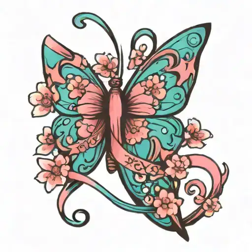 pink and teal ribbon intertwined with cherry blossom tree and a butterfly with the date 24.10.14 tattoo design idea