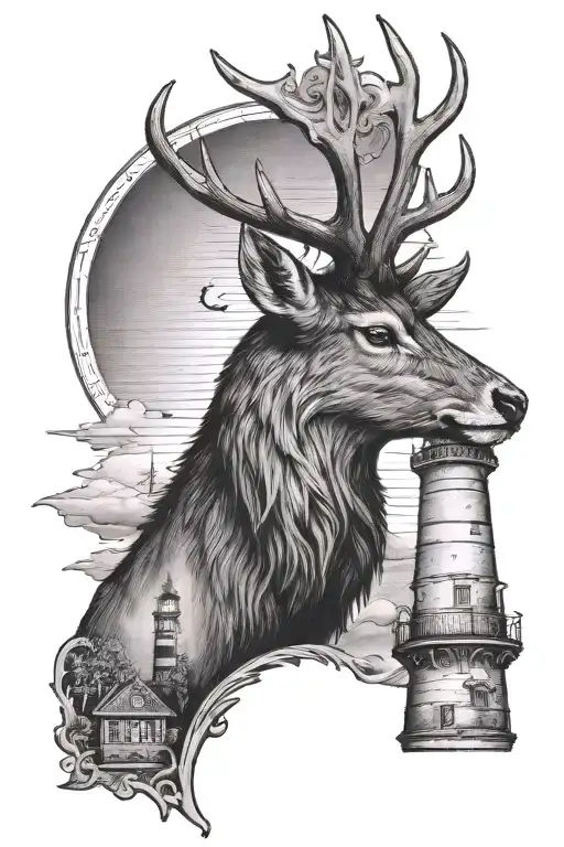 a stag head in front of a lighthouse shining tattoo design idea