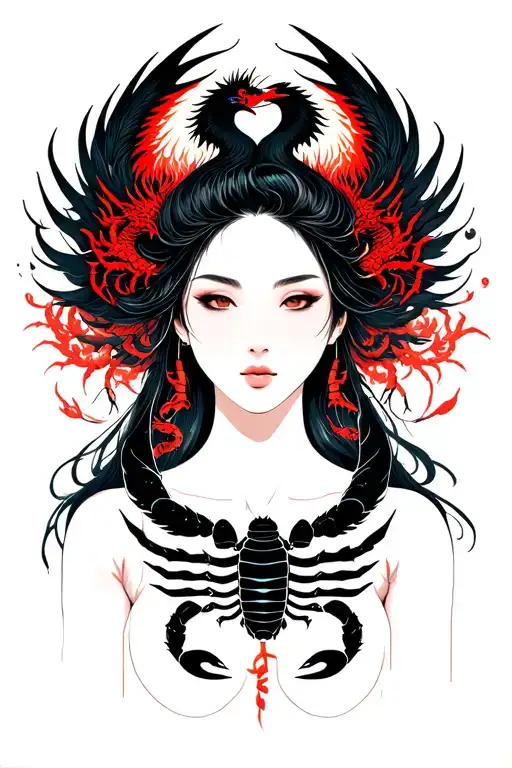 silouette of a woman’s face serene and powerful with pheonix and dragon. A scorpion on her breast revealing it tattoo design idea