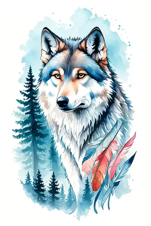 feminine wolf with feathers and forest landscape tattoo design idea