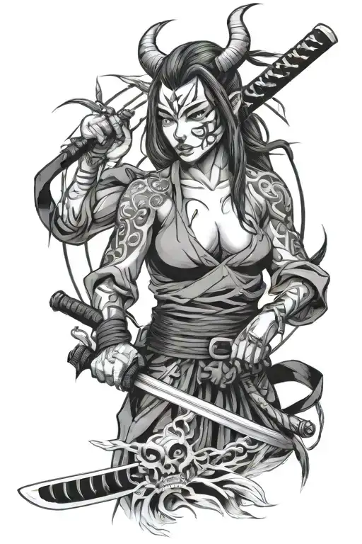 A girl with a katana and a mask Oni tattoo design idea