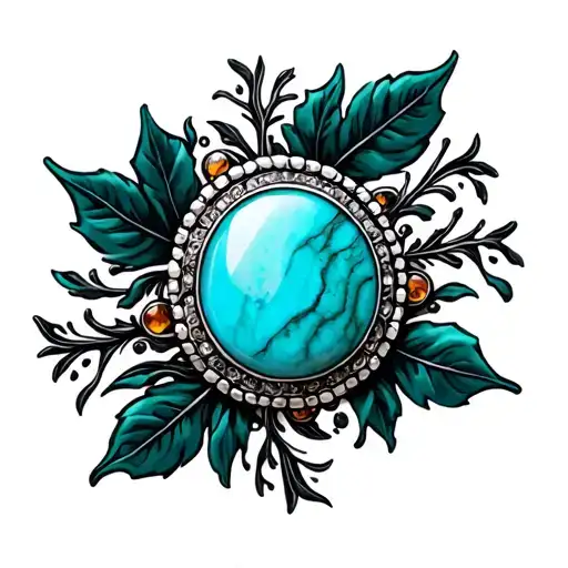 western brooch turquoise with amber marble inside dark green leaves and black swirls tattoo design idea