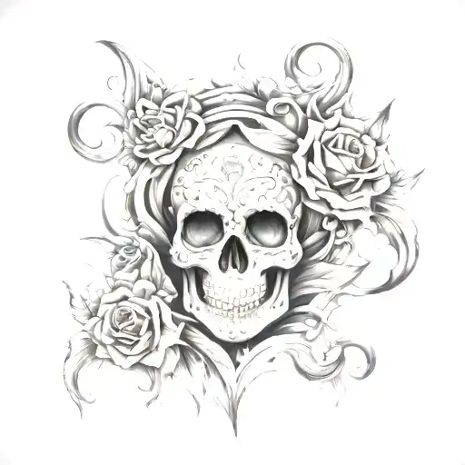 catrina skull surrounded by demons and fog buries me tattoo design idea