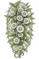 a single Long narrow vine with green leaves and daisy flowers tattoo design idea