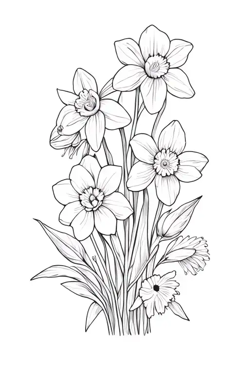 flower bouquet of paperwhite narcissus, violets, primroses,marigolds,carnation and tulips tattoo design idea