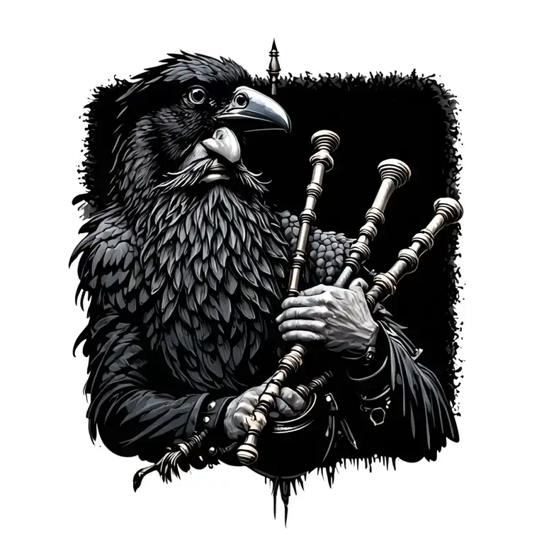  crow muscular with mans face bagpiper playing black bagpipes baldblack beard tattoo design idea