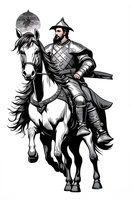 woodwork style medieval knight riding a shire horse tattoo design idea