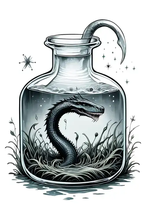 loch ness monster floating in a glass bottle of poison with nature like algae or plants growing and stars or sparkles.  tattoo design idea