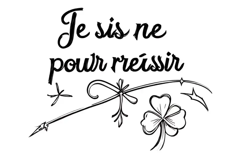 tattoo on a wrist, with the text 'Je suis née pour réussir', with a stylized four-leaf clover and a shootin star tattoo design idea