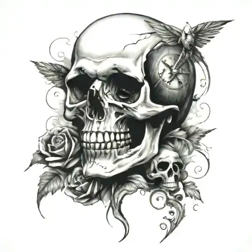 skull, clock, memento mori tattoo design idea