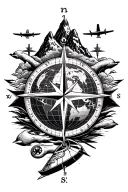 tattoo design white and black featuring compass, mountain, earth globe, world map, and airplane elements tattoo design idea