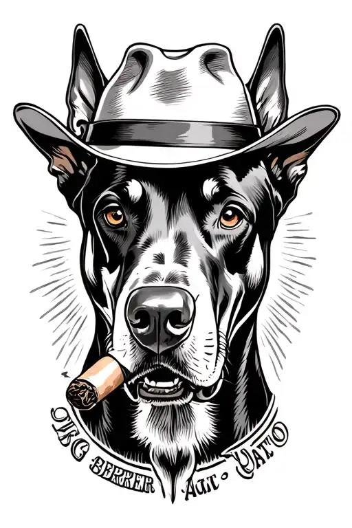 the head of a Doberman wearing a fedora with a cigar in its mouth, looking fierce, in black and white tattoo design idea