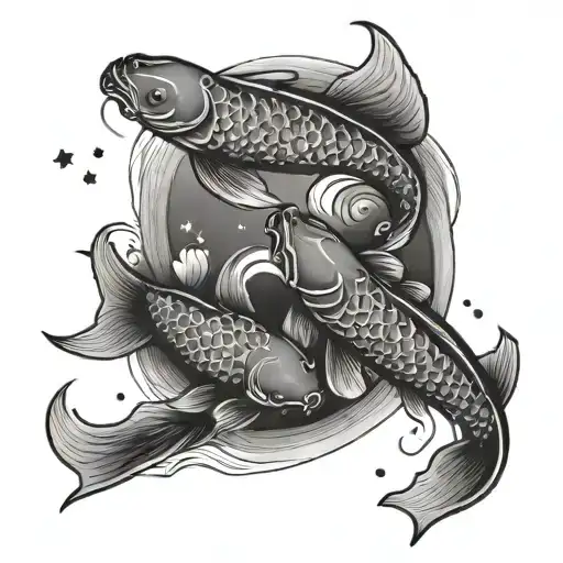 two koi fish circling a moonlit pond with three stars. black and white tattoo design idea