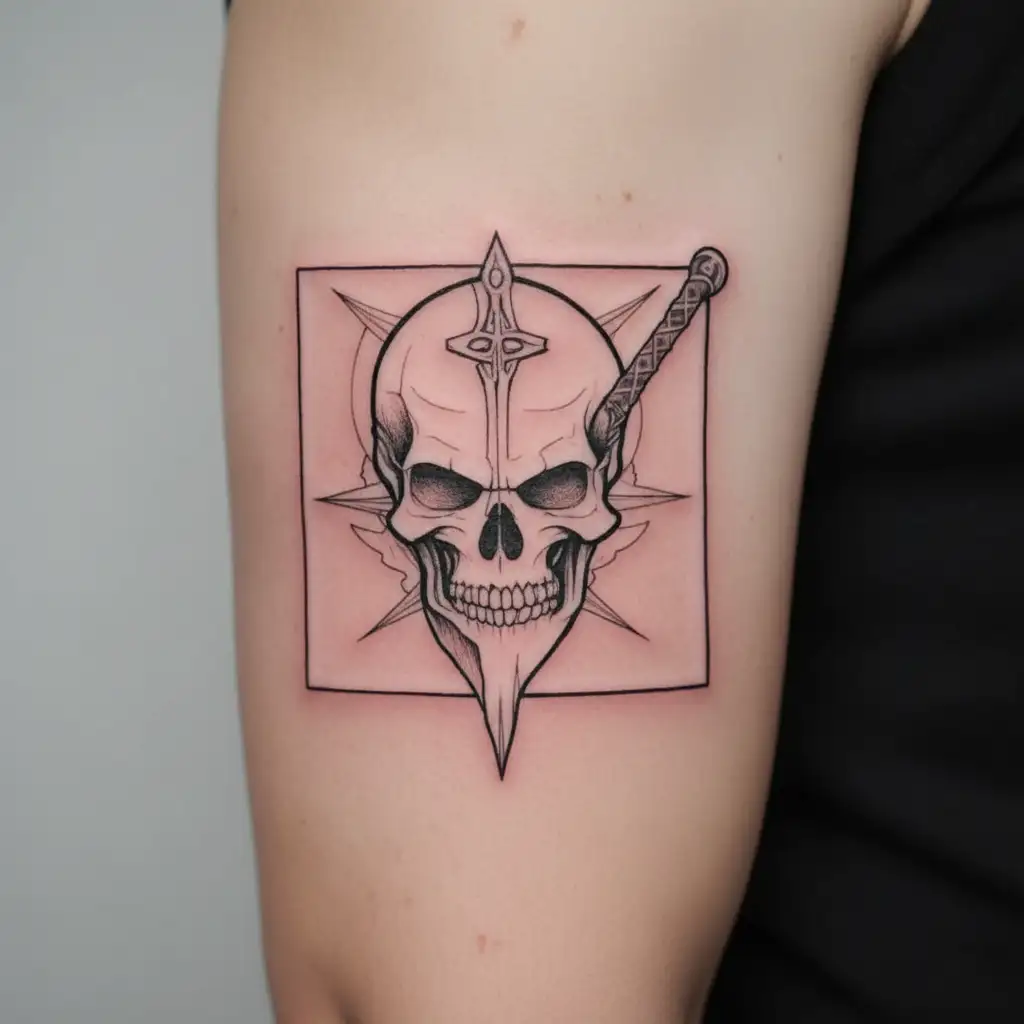 A skull with a divine rapier in its head dota 2 names tattoo design idea