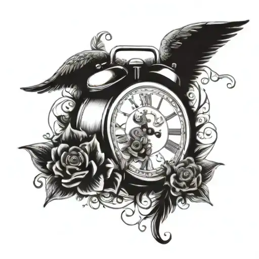baby foot print and angel wings and clock and flowers tattoo design idea