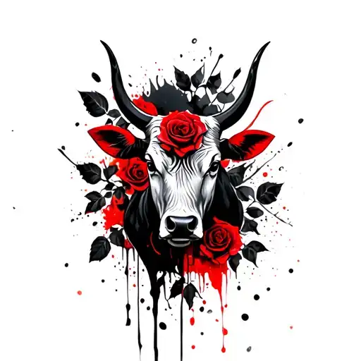 Bull, black roses and leaves in the background tattoo design idea