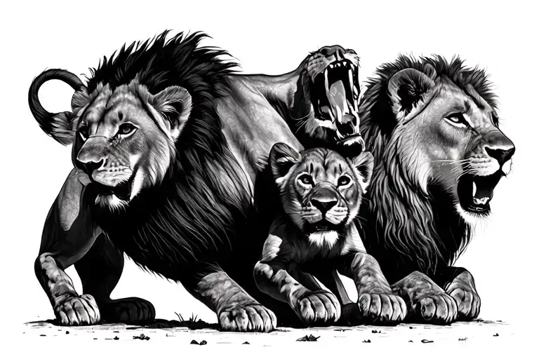 lion attacking with two lion cubs behind  tattoo design idea