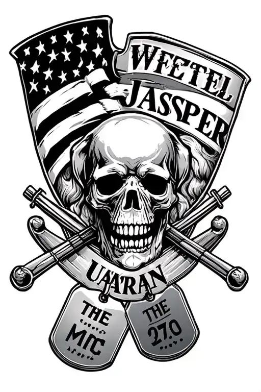 Make a full arm sleeve that has dog tags that say Wetzel Jasper USMC and the Marian and has a skull with drumsticks tattoo design idea