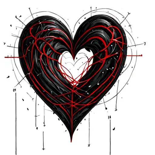 simple black love heart formed with lines and incorporate the red string theory  tattoo design idea