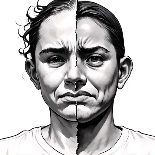 Half of the head looks sad/annoyed/exhausted by people's approaching other half looks calmly/happy tattoo design idea