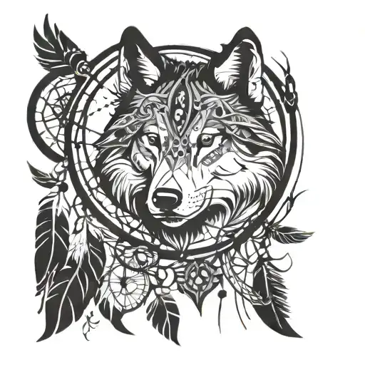 Wolf with dream catcher entangled tattoo design idea