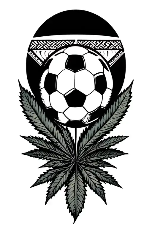 A geometric design incorporating elements of soccer, Guatemalan culture, and cannabis leaves, representing your diverse interests and background tattoo design idea