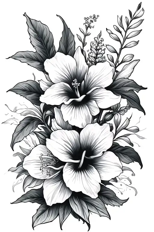 daffodils and hibiscus flower large black leaves detailed tattoo design idea