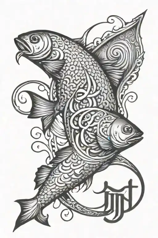 Christian fish incorporating letters J R J D M N tattoo design idea