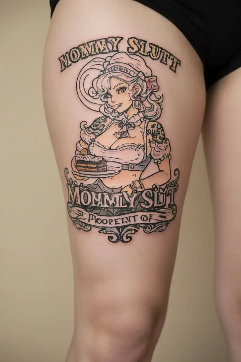 sexy baker milf with the writing "Mommy Slut" and "property of M" tattoo design idea