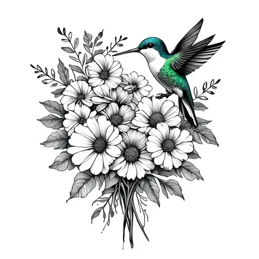 birth month flower bouquet for May, February, and October with hummingbird tattoo design idea