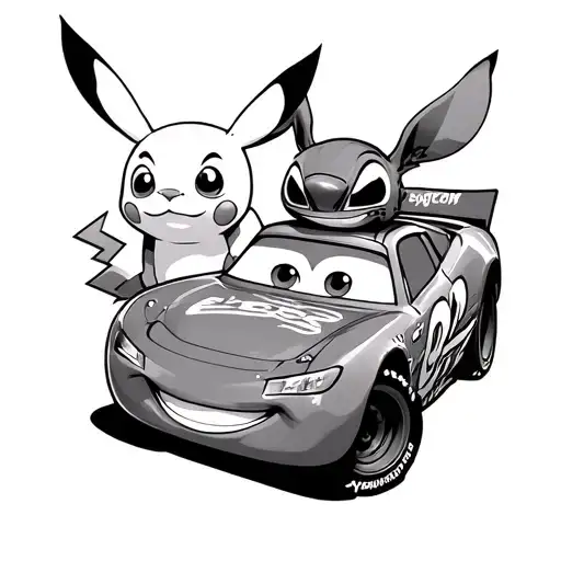 A detailed tattoo design featuring Pikachu and Stitch sitting happily on top of Lightning McQueen from Cars.  tattoo design idea