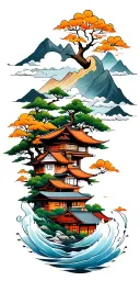 inspired by Buddhist beliefs, flowing from water at the wrist to mountains, houses, and trees, ending in clouds.  tattoo design idea