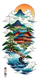 inspired by Buddhist beliefs, flowing from water at the wrist to mountains, houses, and trees, ending in clouds.  tattoo design idea