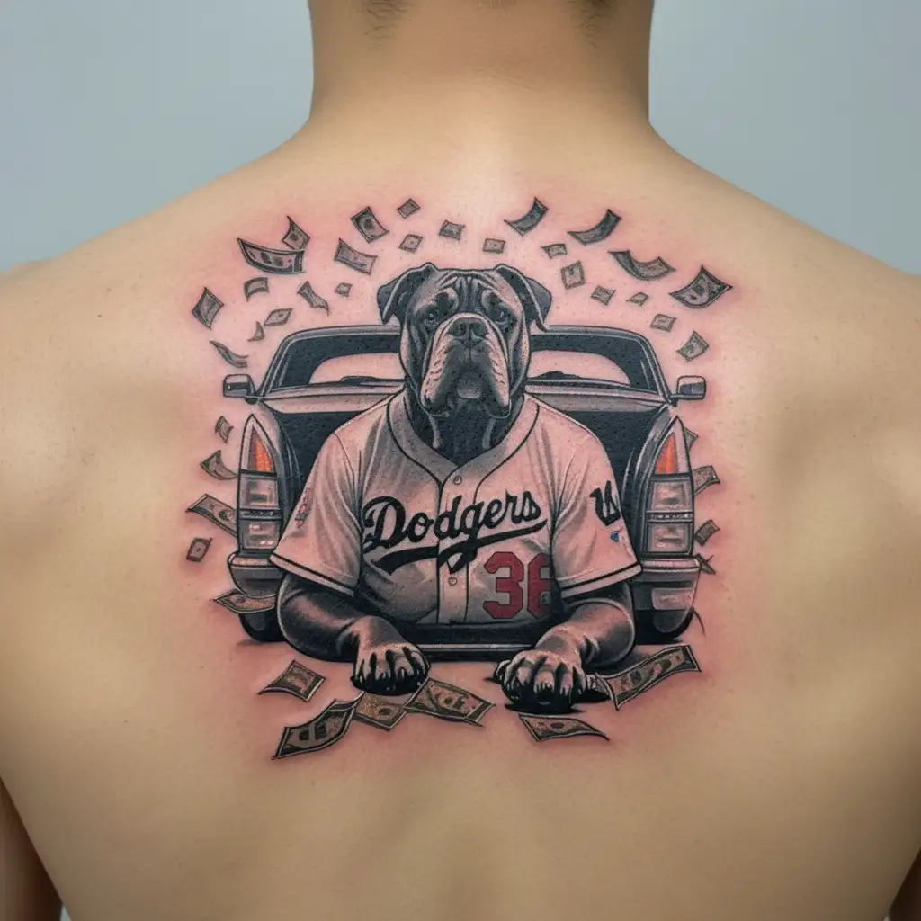 A cane corso wearing a Dodgers jersey sitting in a Cadillac with money raining down around them tattoo design idea