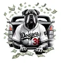 A cane corso wearing a Dodgers jersey sitting in a Cadillac with money raining down around them tattoo design idea