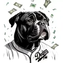 A cane corso wearing a Dodgers jersey sitting in a Cadillac with money raining down around them tattoo design idea