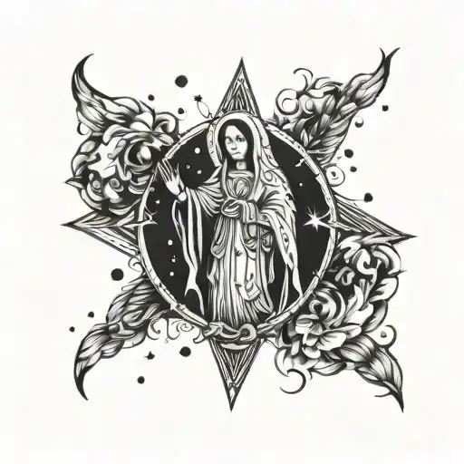 Incorporate elements of Our Lady of Guadalupe into a celestial scene with stars and planets tattoo design idea