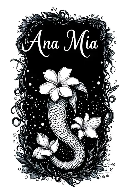 "Ana Mia" Little Mermaid's tail and plumeria flower intertwined tattoo design idea