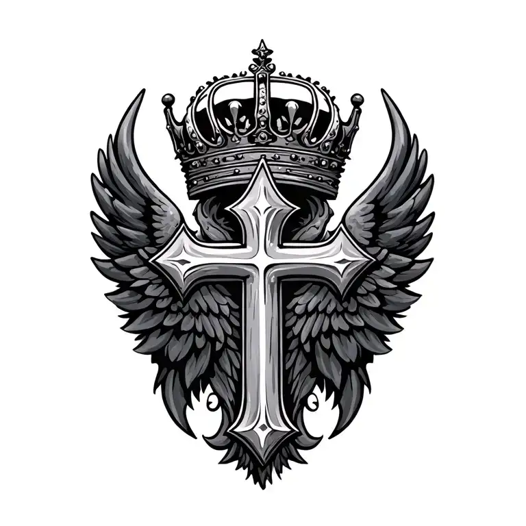 cross with wing and crown surrounded tattoo design idea