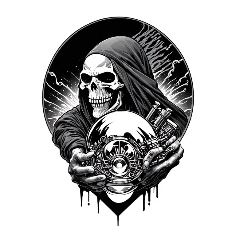 grim reaper holding a v8 engine like a crystal ball tattoo design idea