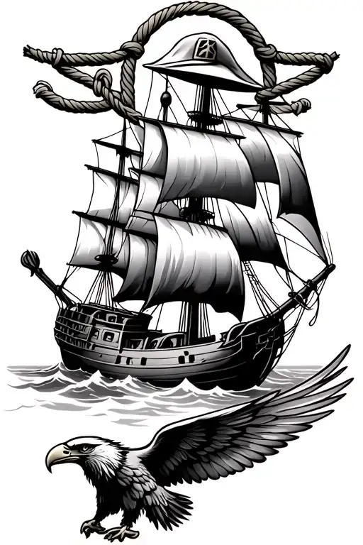 rope framed sailing vessel with a greek fisherman hat on top and an eagle with spread wings on bottom tattoo design idea