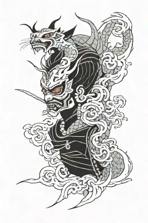 full arm sleeve with chicano style inspirations with oni mask covering geishas face, dragon, tiger and the red sun  tattoo design idea
