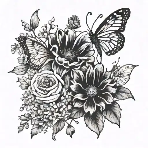 bundle of july and october birthflower with little butterfly on them and august 17 2007 in roman numerals on side tattoo design idea