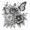 bundle of july and october birthflower with little butterfly on them and august 17 2007 in roman numerals on side tattoo design idea