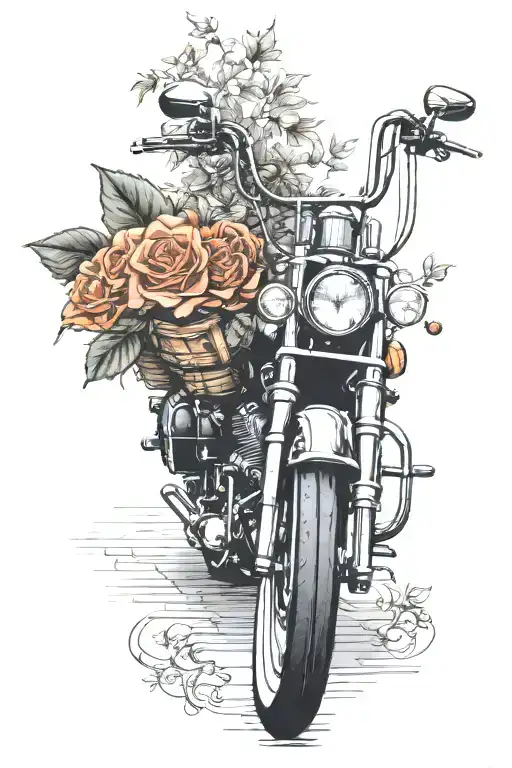 harley davidson motorcycle parked by long sidewalk leading to a porch surrounded by evergreen trees, roses, calla lily tattoo design idea