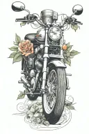 harley davidson motorcycle parked by long sidewalk leading to a porch surrounded by evergreen trees, roses, calla lily tattoo design idea