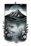 Underwater world with fish, amphibians, flowers, nature, a mountain that is reflected in the water, a jetty with an angler tattoo design idea